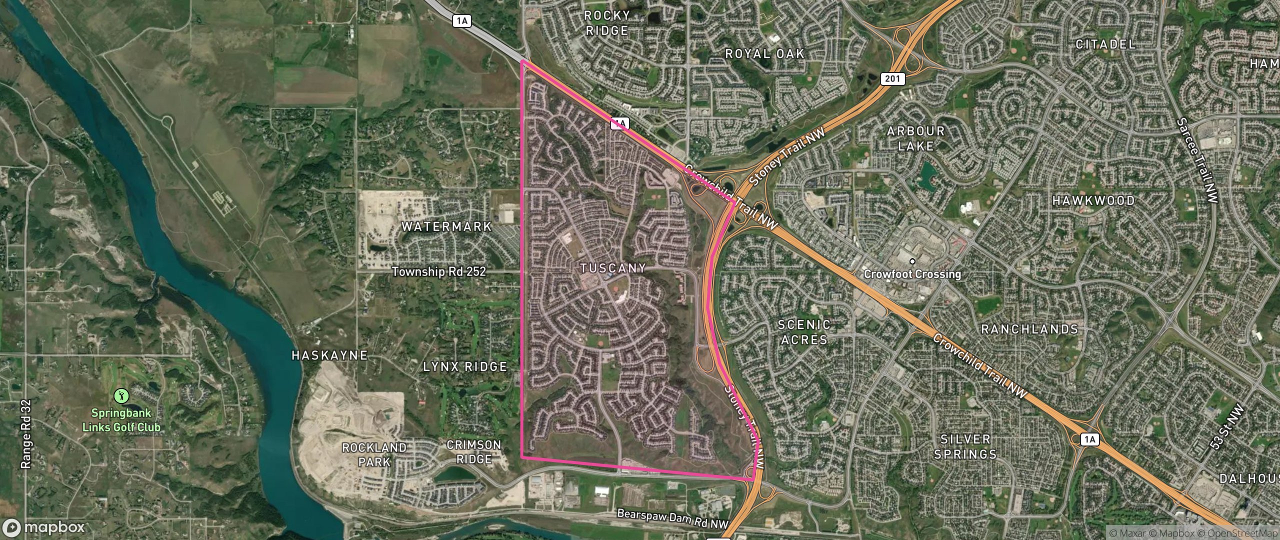 Map of Tuscany, Calgary showing the community boundary