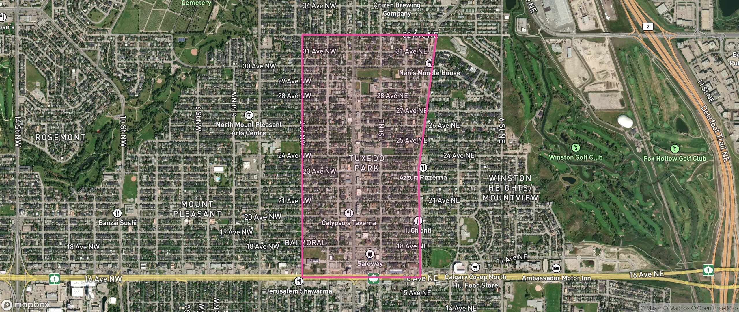 Map of Tuxedo Park, Calgary showing the community boundary