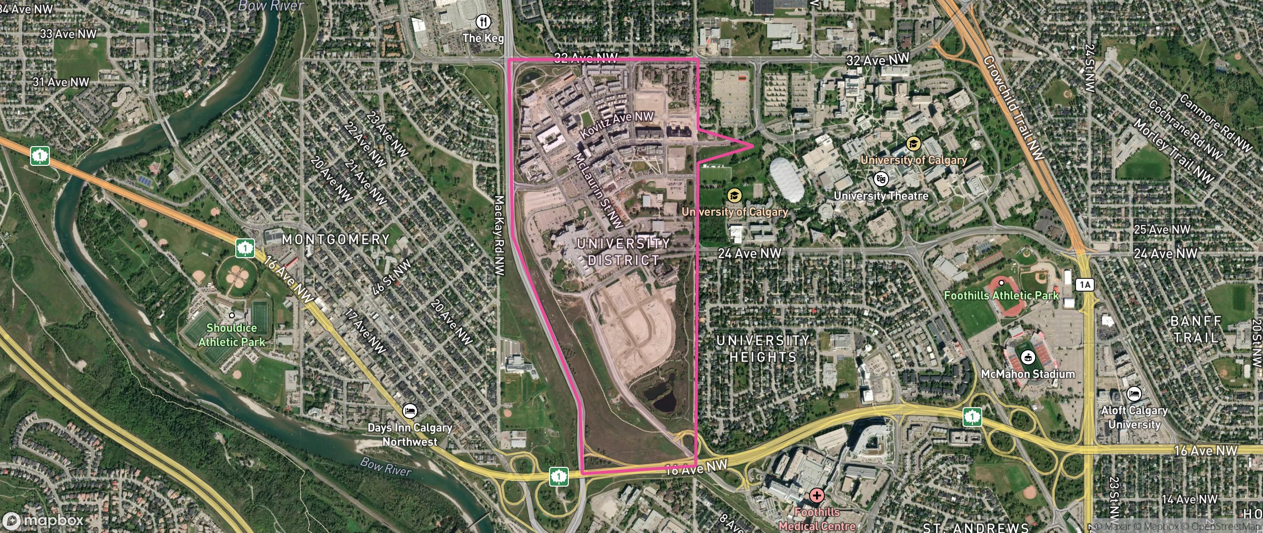 Map of University District, Calgary showing the community boundary