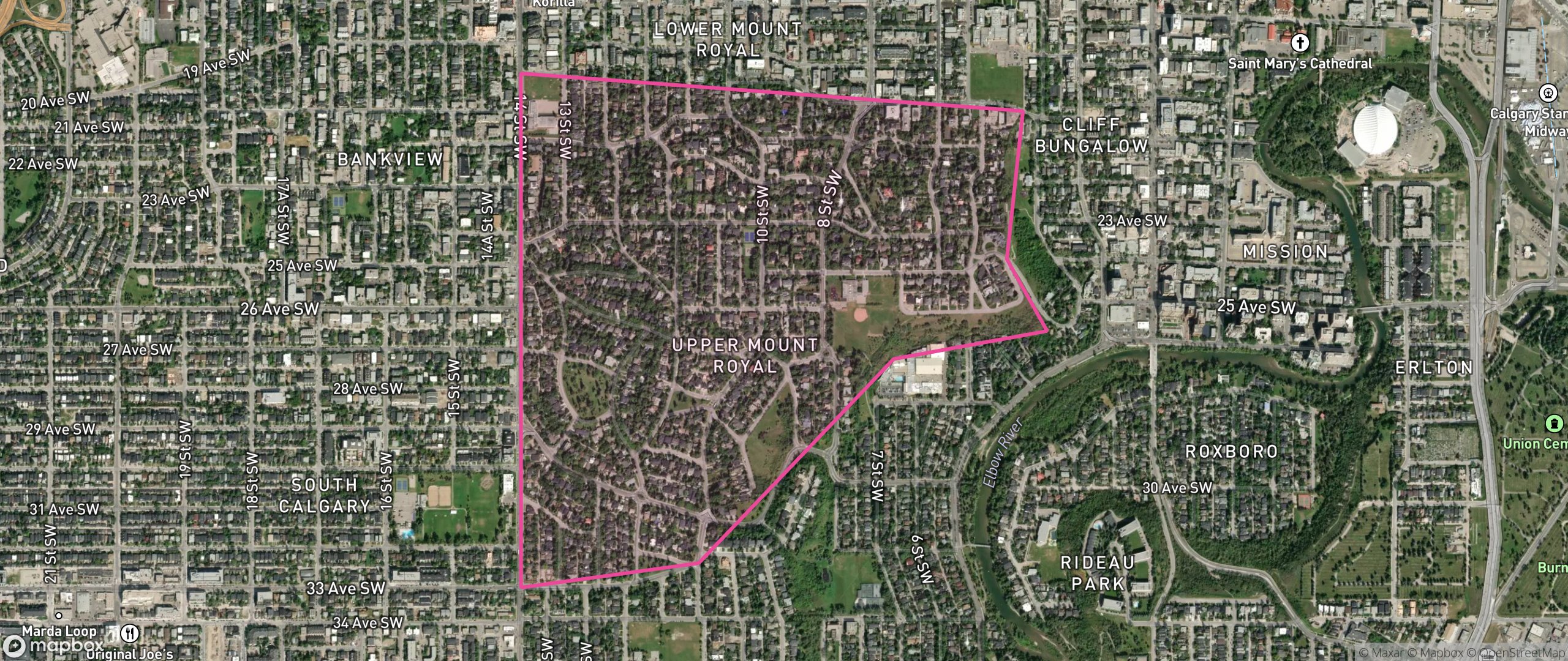Map of Upper Mount Royal, Calgary showing the community boundary