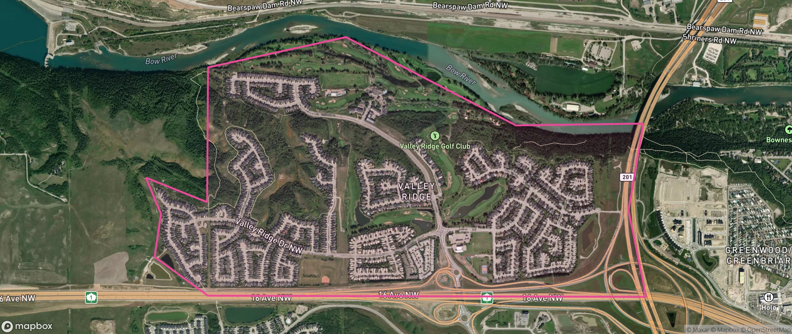 Map of Valley Ridge, Calgary showing the community boundary