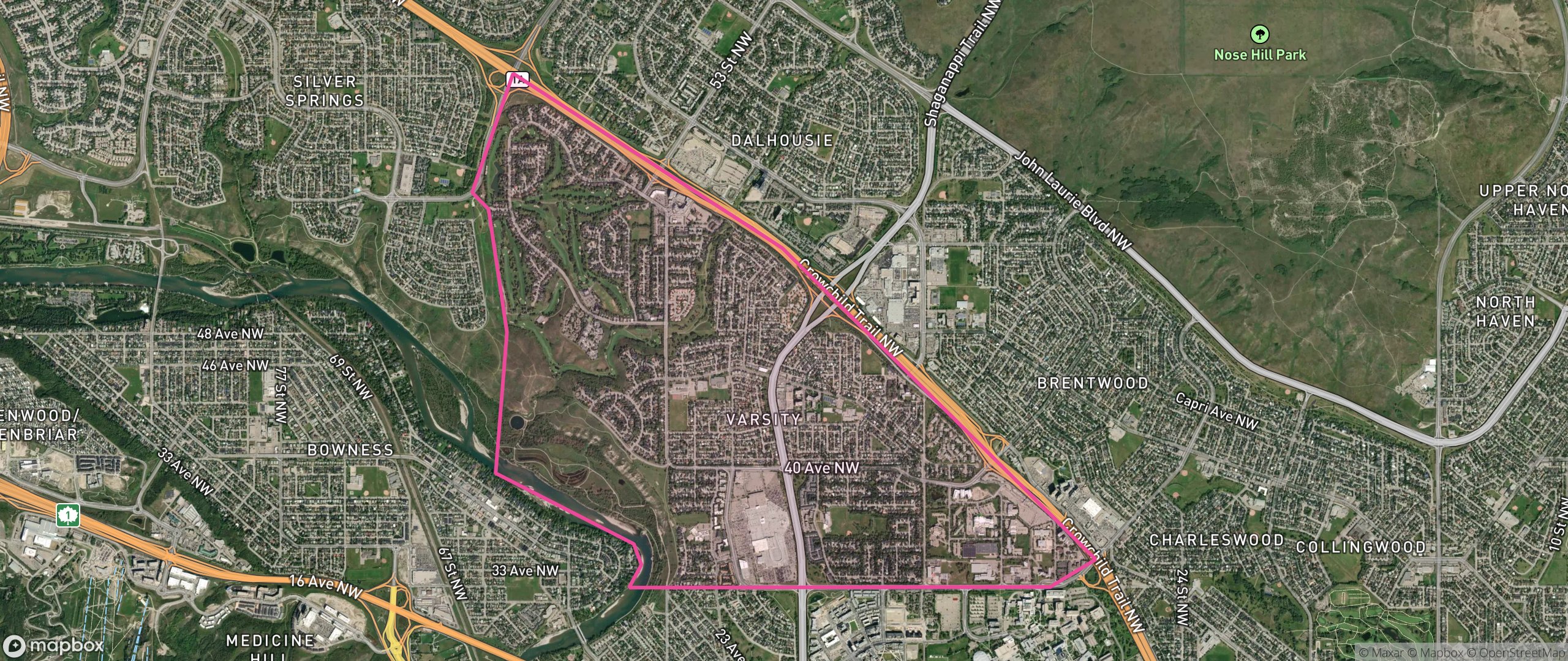 Map of Varsity, Calgary showing the community boundary