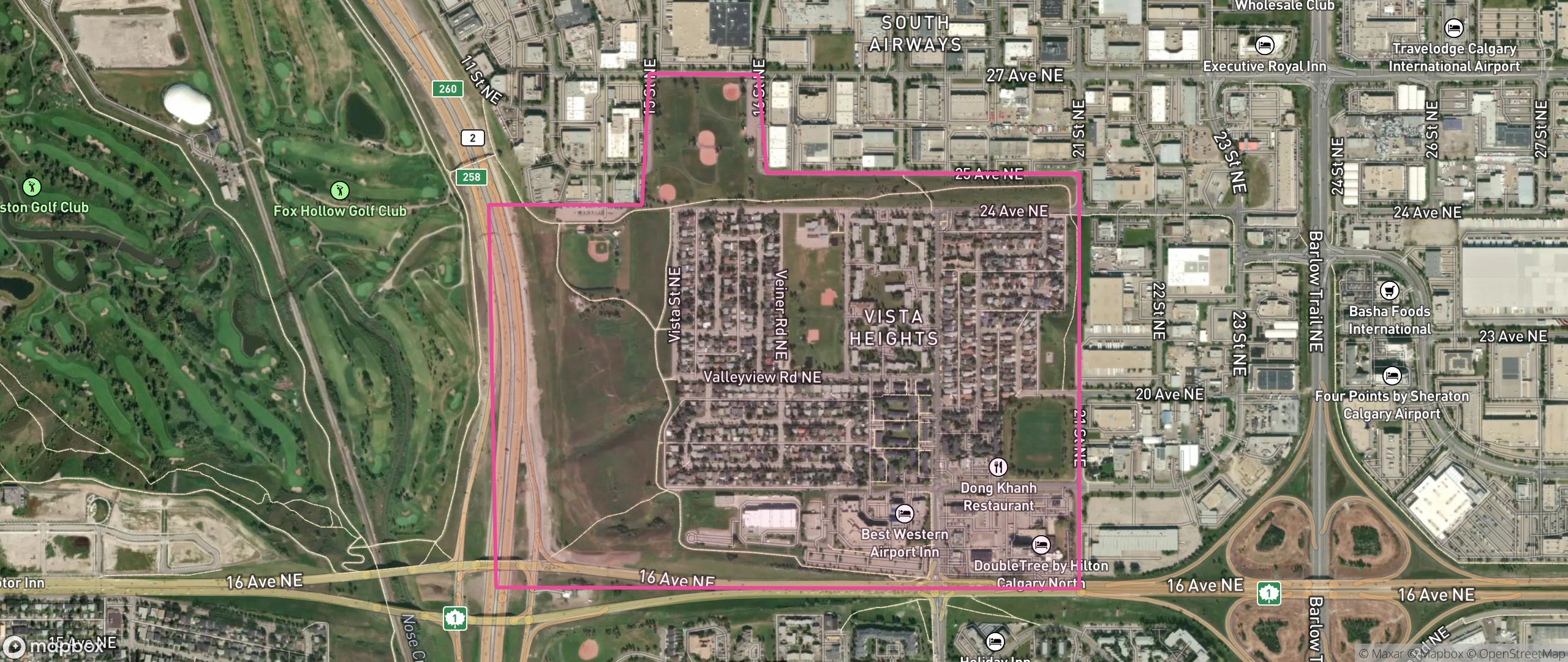Map of Vista Heights, Calgary showing the community boundary