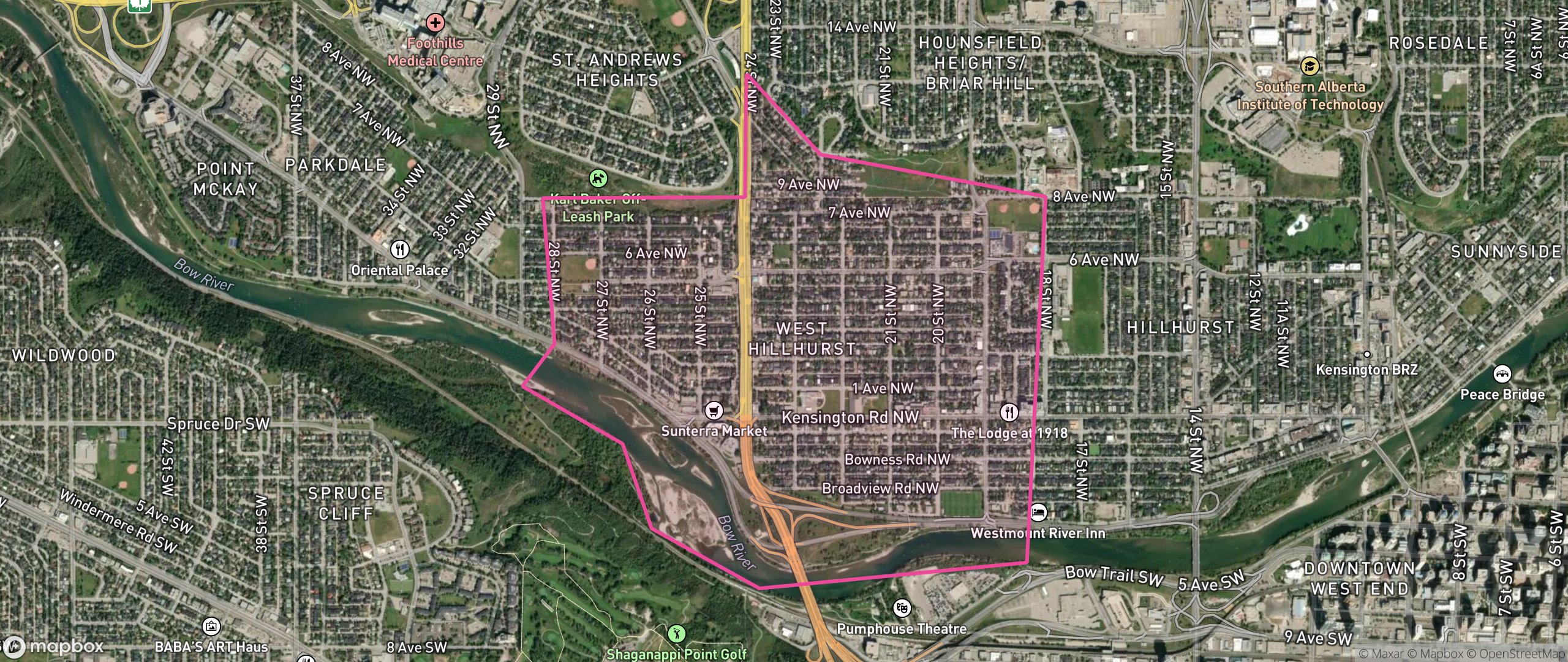 Map of West Hillhurst, Calgary showing the community boundary