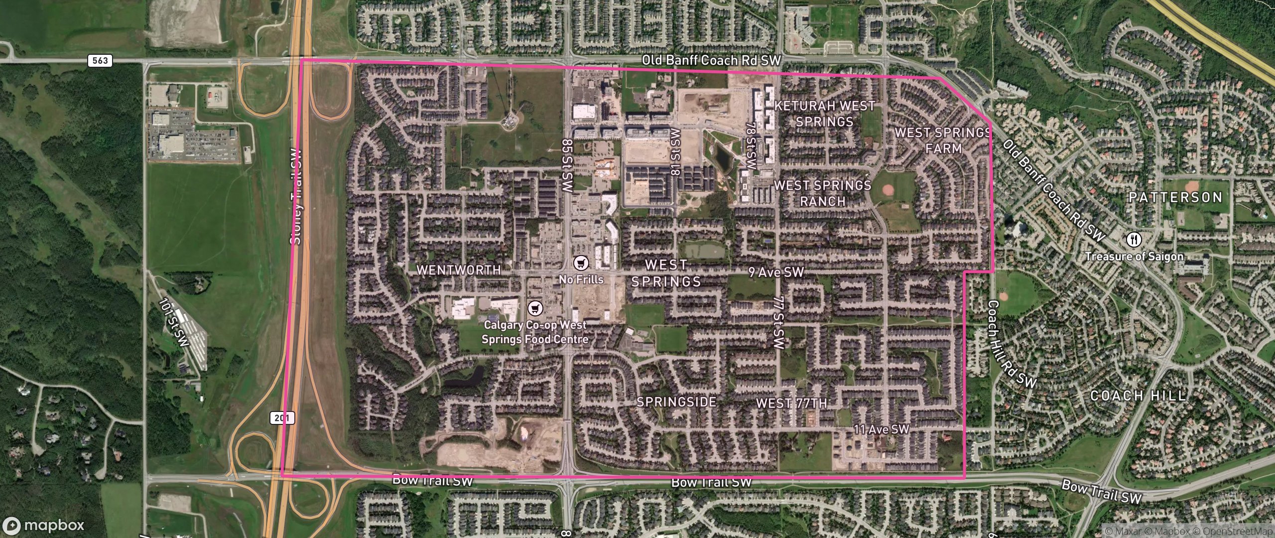 Map of West Springs, Calgary showing the community boundary