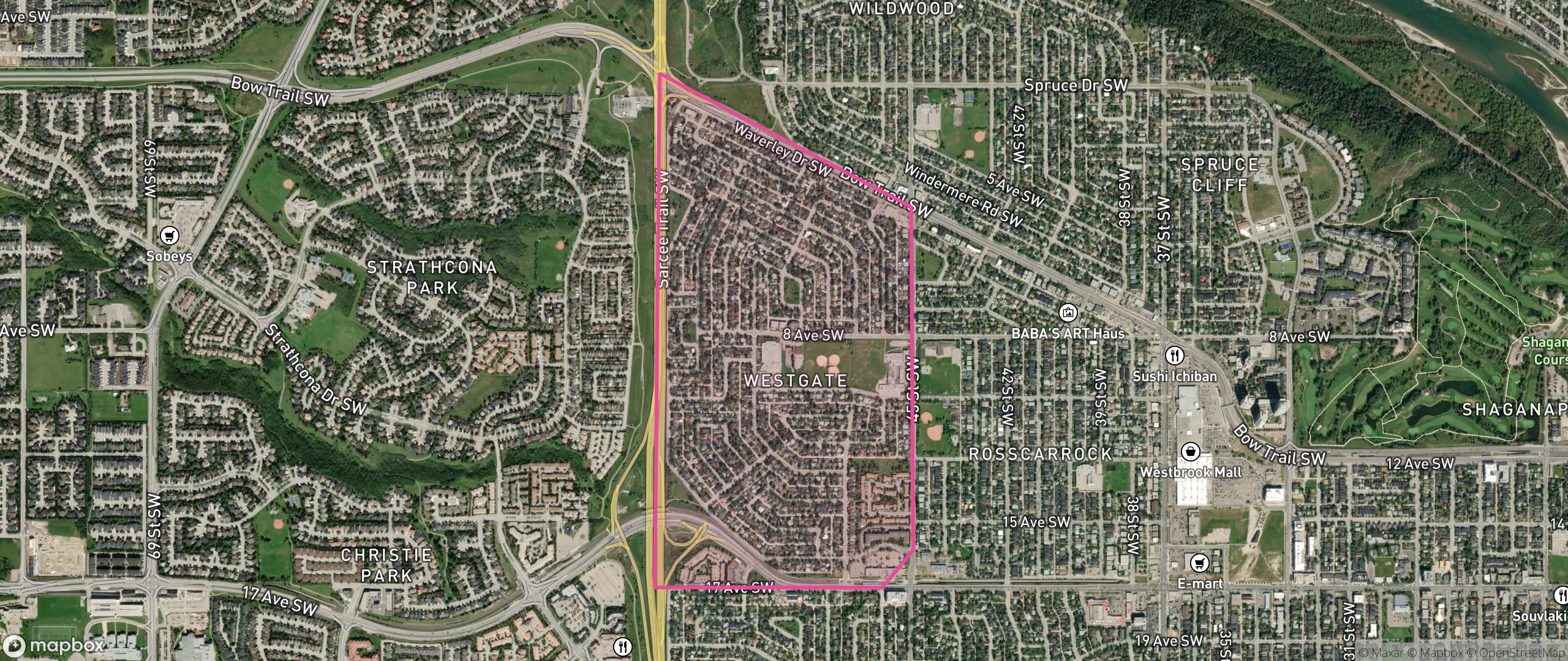 Map of Westgate, Calgary showing the community boundary