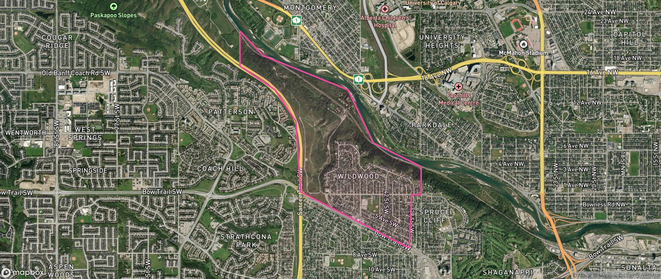 Map of Wildwood, Calgary showing the community boundary