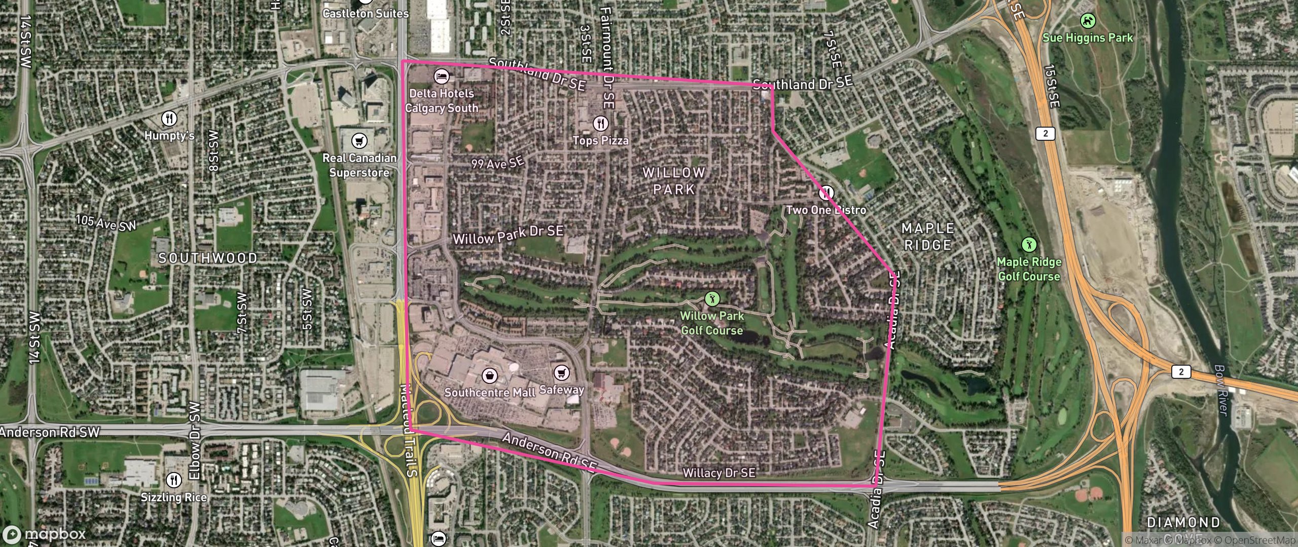 Map of Willow Park, Calgary showing the community boundary