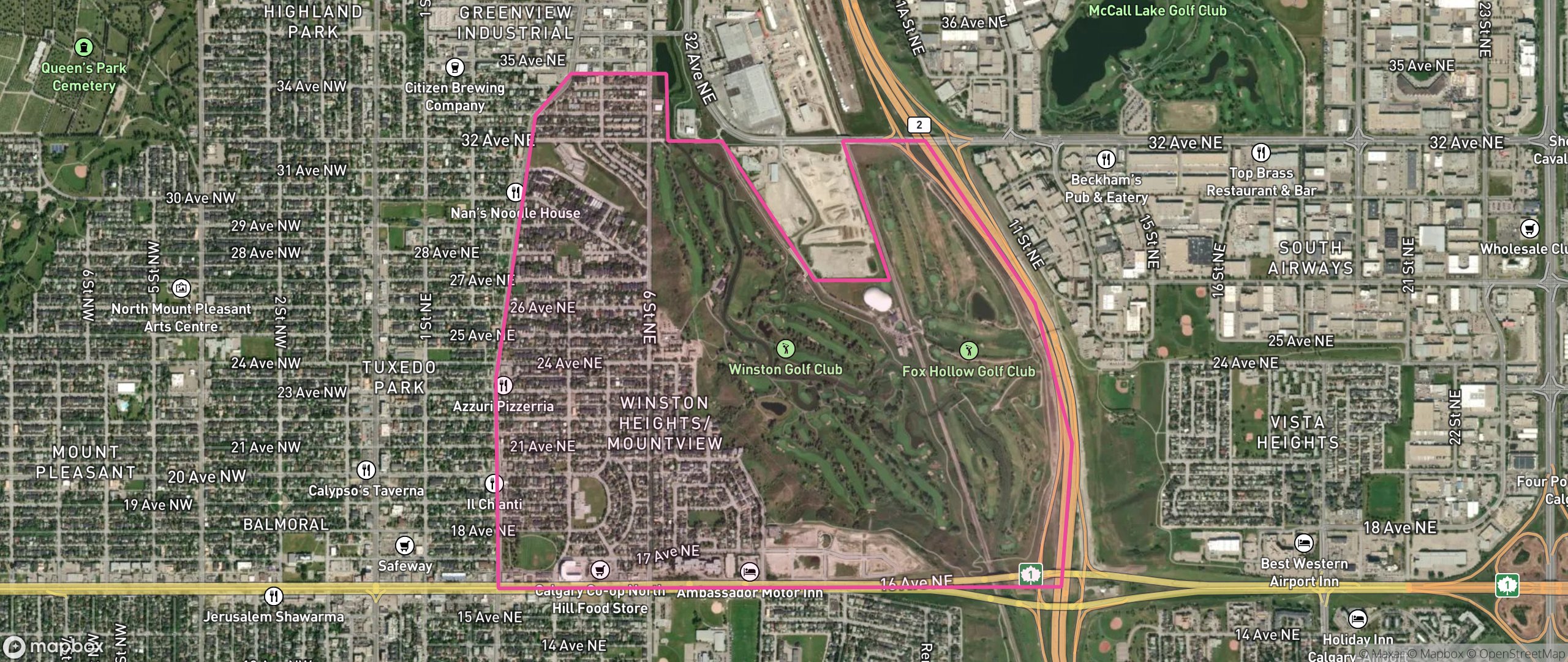 Map of Winston Heights/Mountview, Calgary showing the community boundary
