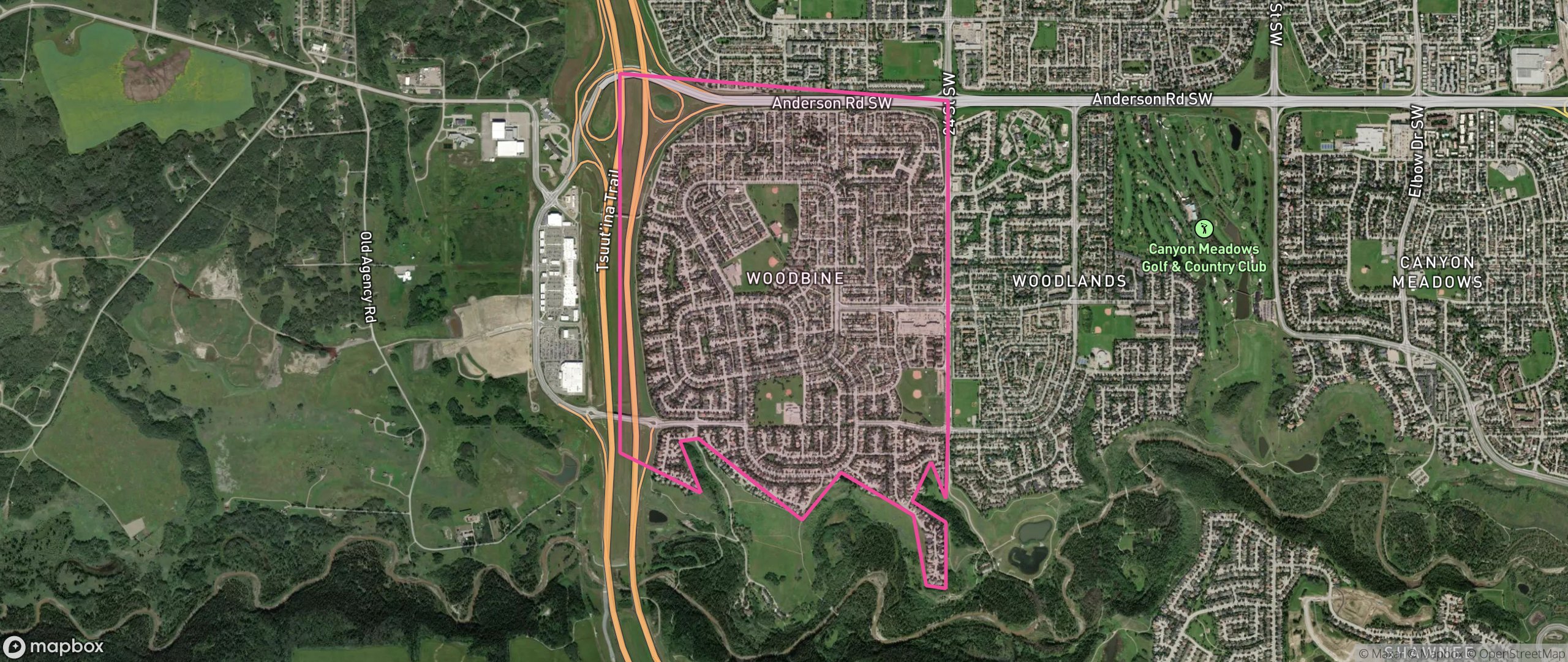 Map of Woodbine, Calgary showing the community boundary