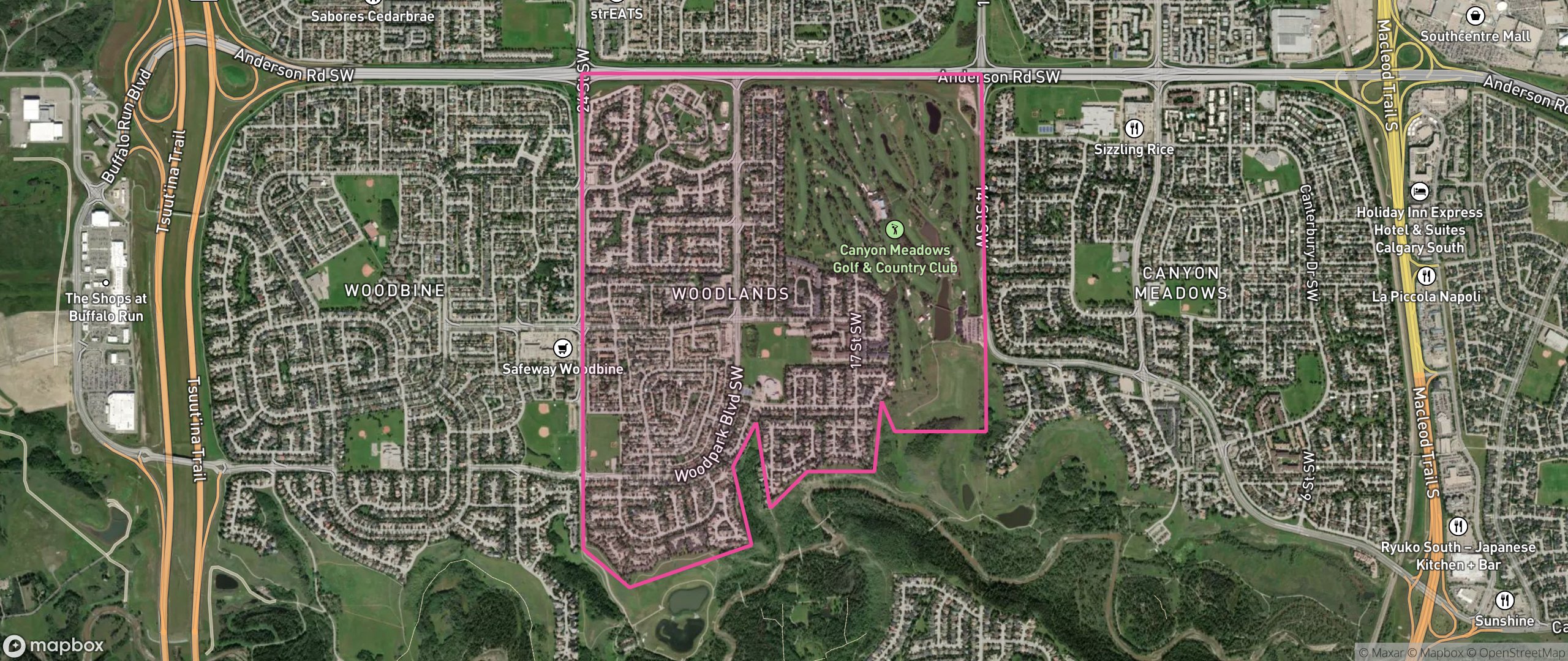 Map of Woodlands, Calgary showing the community boundary