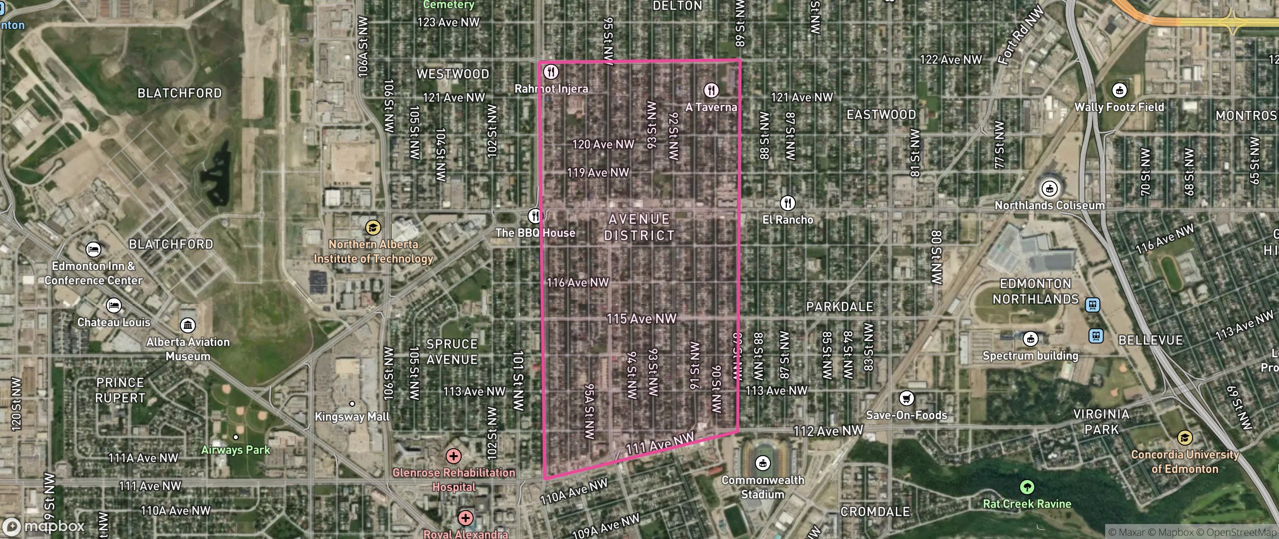 Map of Alberta Avenue, Edmonton showing the community boundary