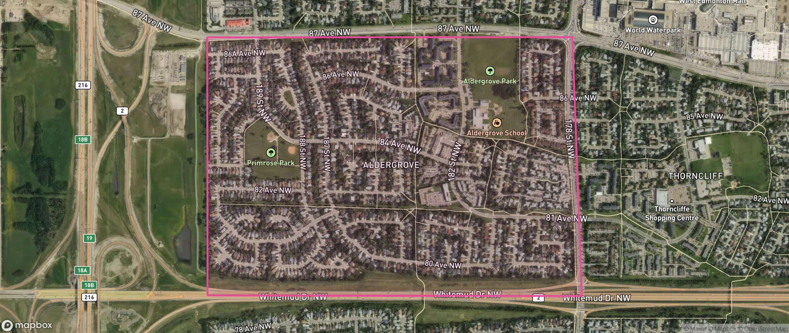 Map of Aldergrove, Edmonton showing the community boundary