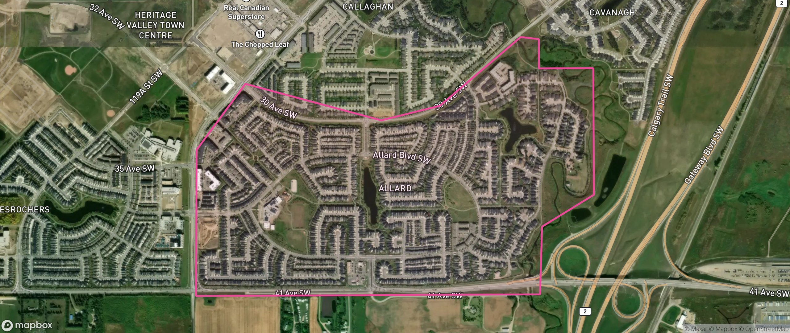 Map of Allard, Edmonton showing the community boundary