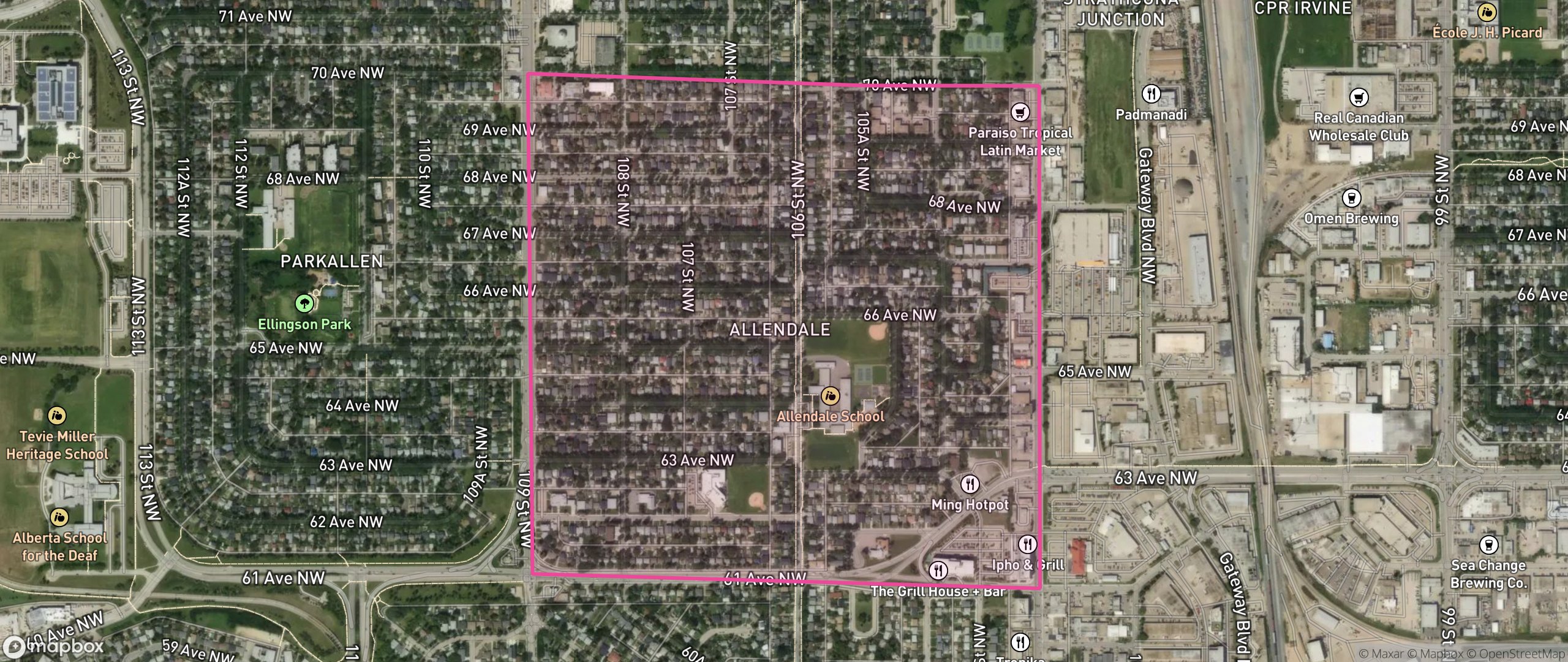 Map of Allendale, Edmonton showing the community boundary