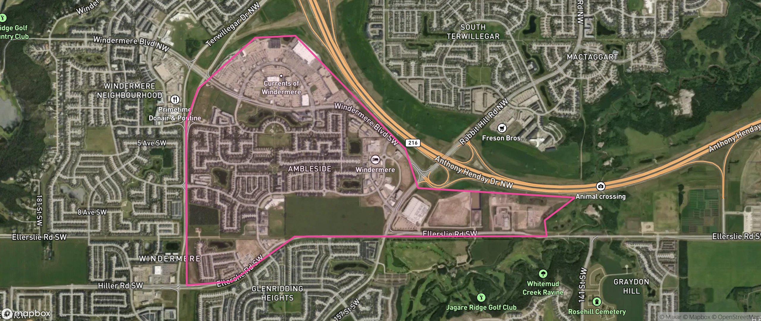 Map of Ambleside, Edmonton showing the community boundary