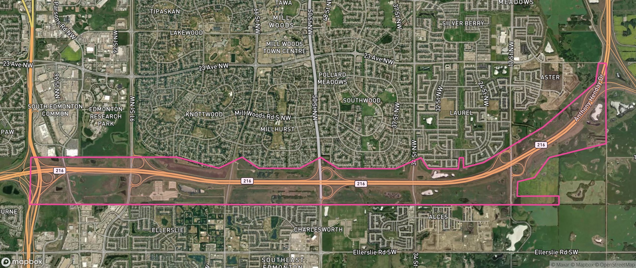 Map of Anthony Henday South East, Edmonton showing the community boundary