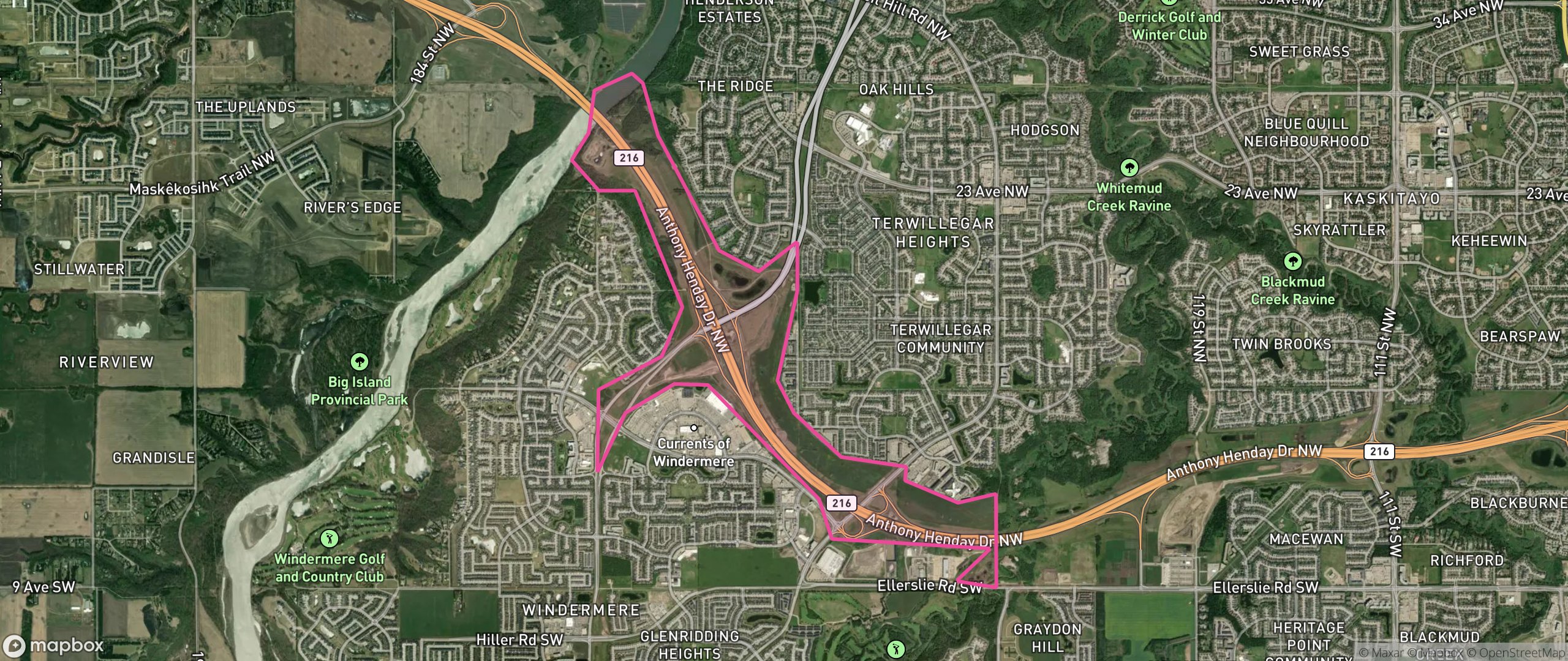 Map of Anthony Henday Terwillegar, Edmonton showing the community boundary