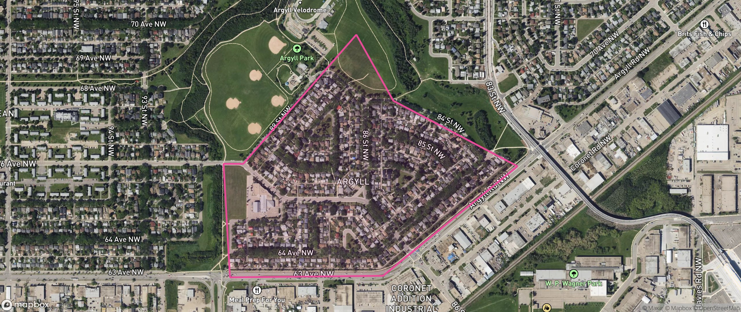 Map of Argyll, Edmonton showing the community boundary