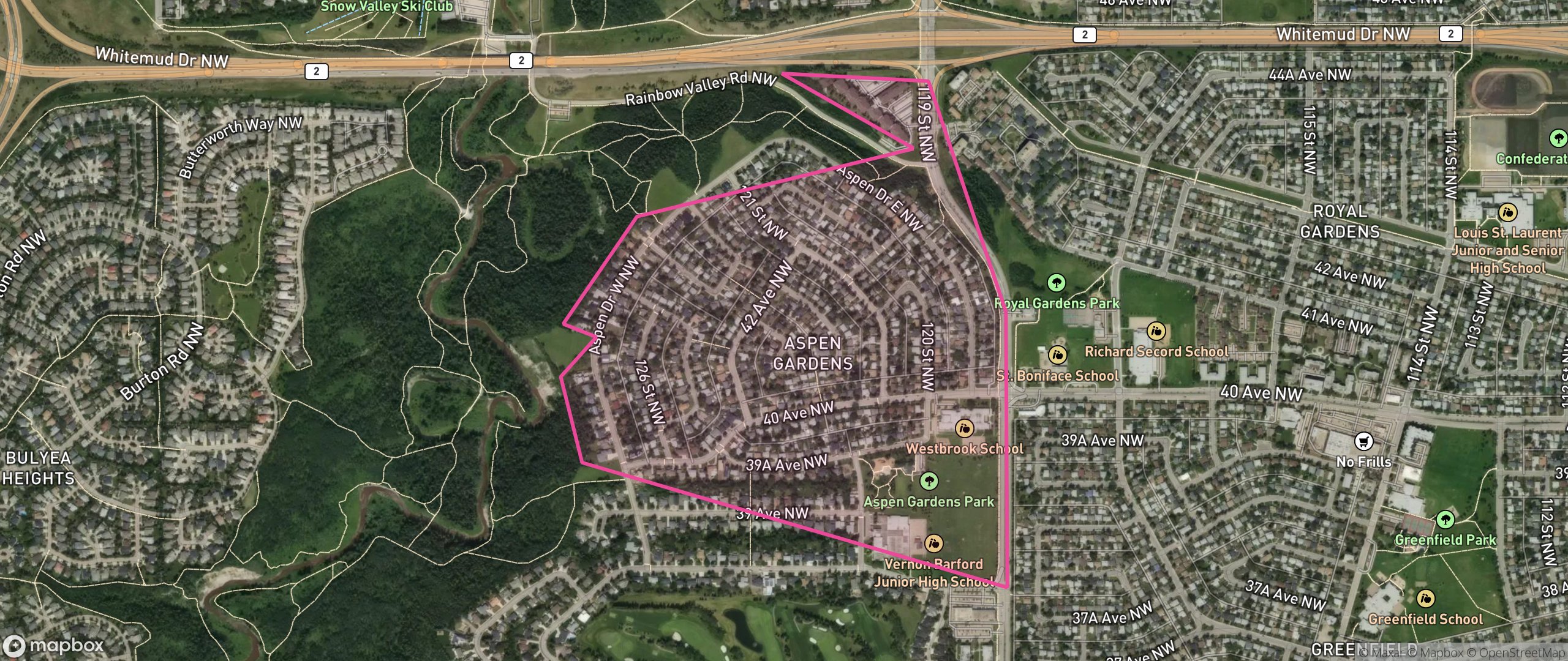 Map of Aspen Gardens, Edmonton showing the community boundary