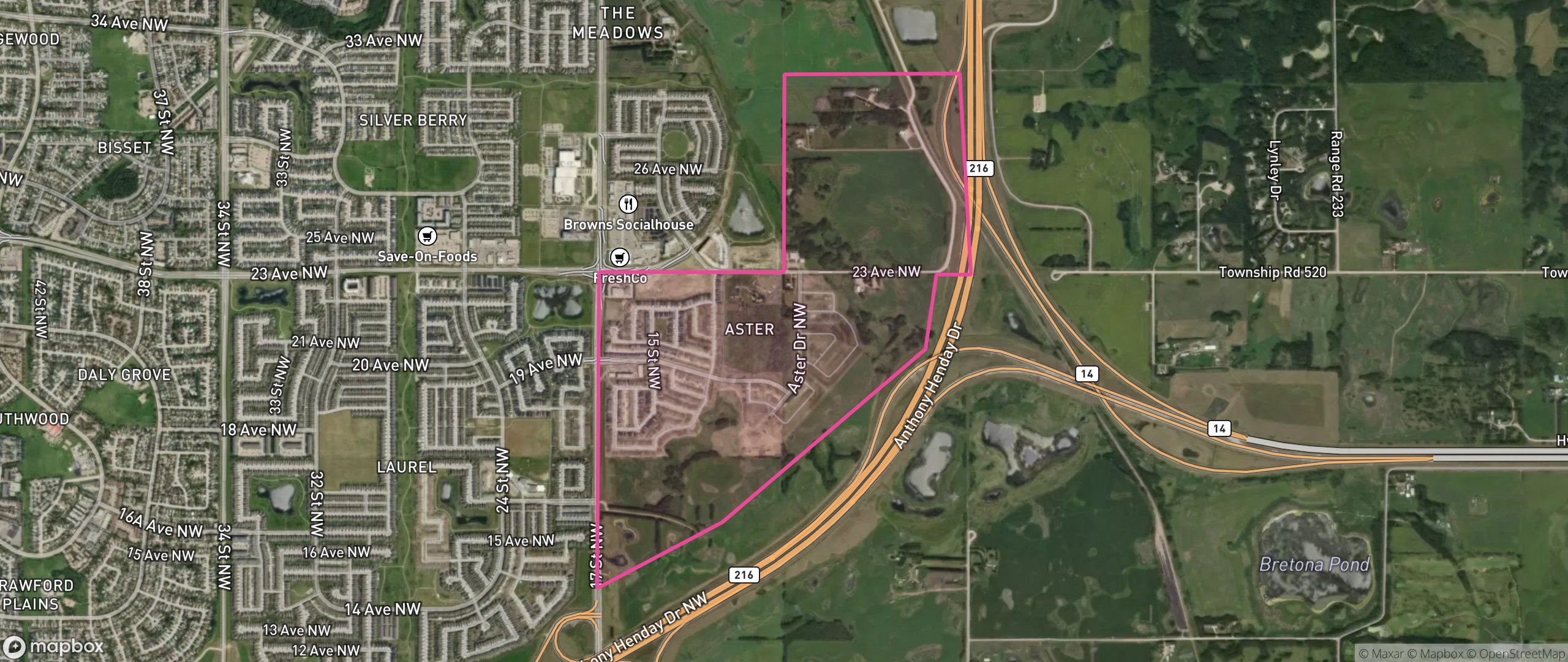 Map of Aster, Edmonton showing the community boundary