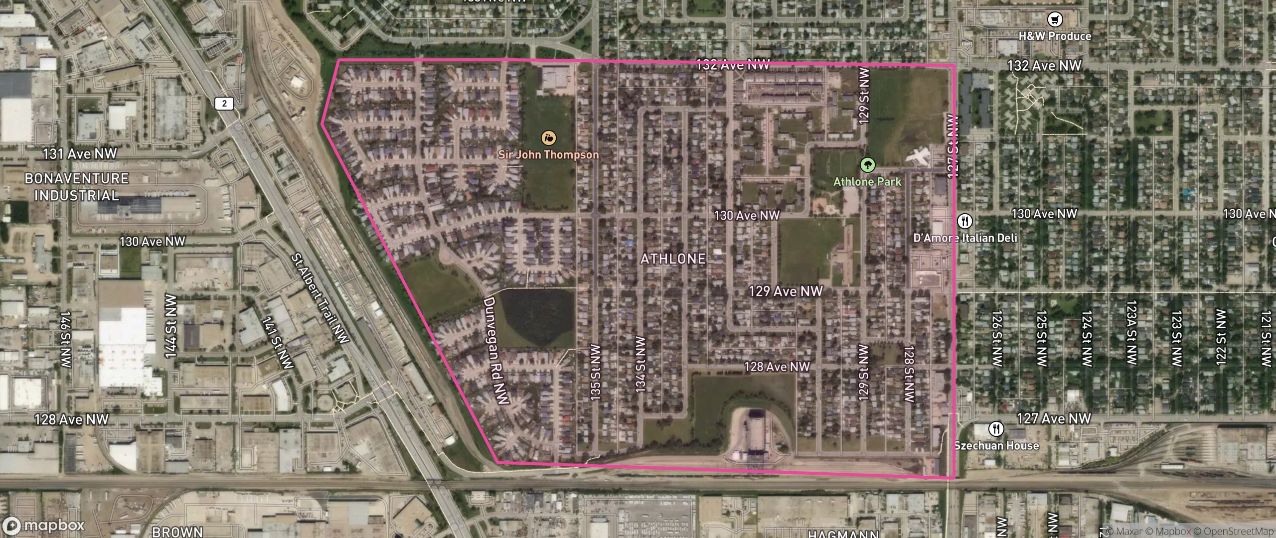 Map of Athlone, Edmonton showing the community boundary
