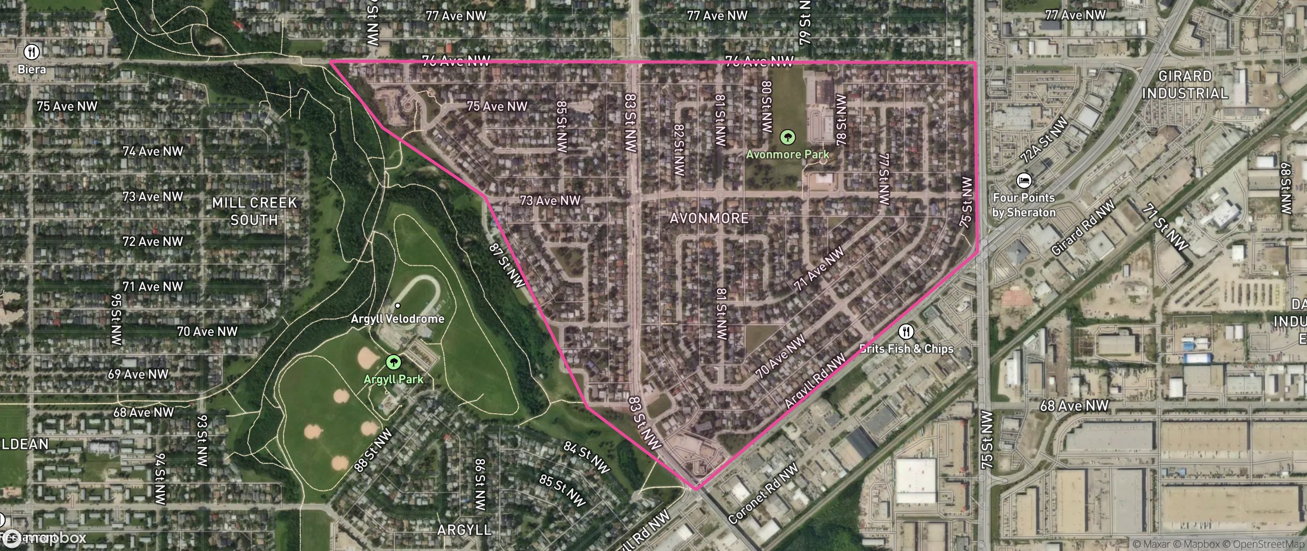 Map of Avonmore, Edmonton showing the community boundary