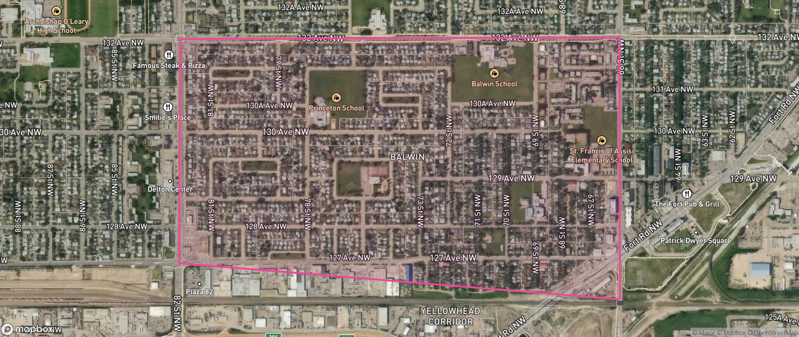 Map of Balwin, Edmonton showing the community boundary