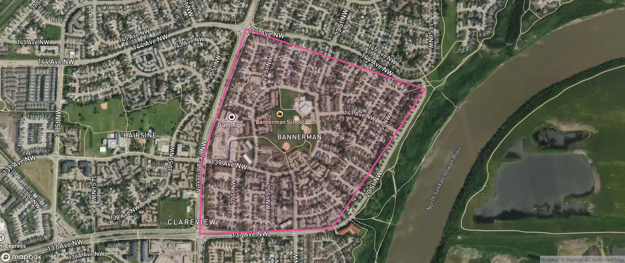 Map of Bannerman, Edmonton showing the community boundary