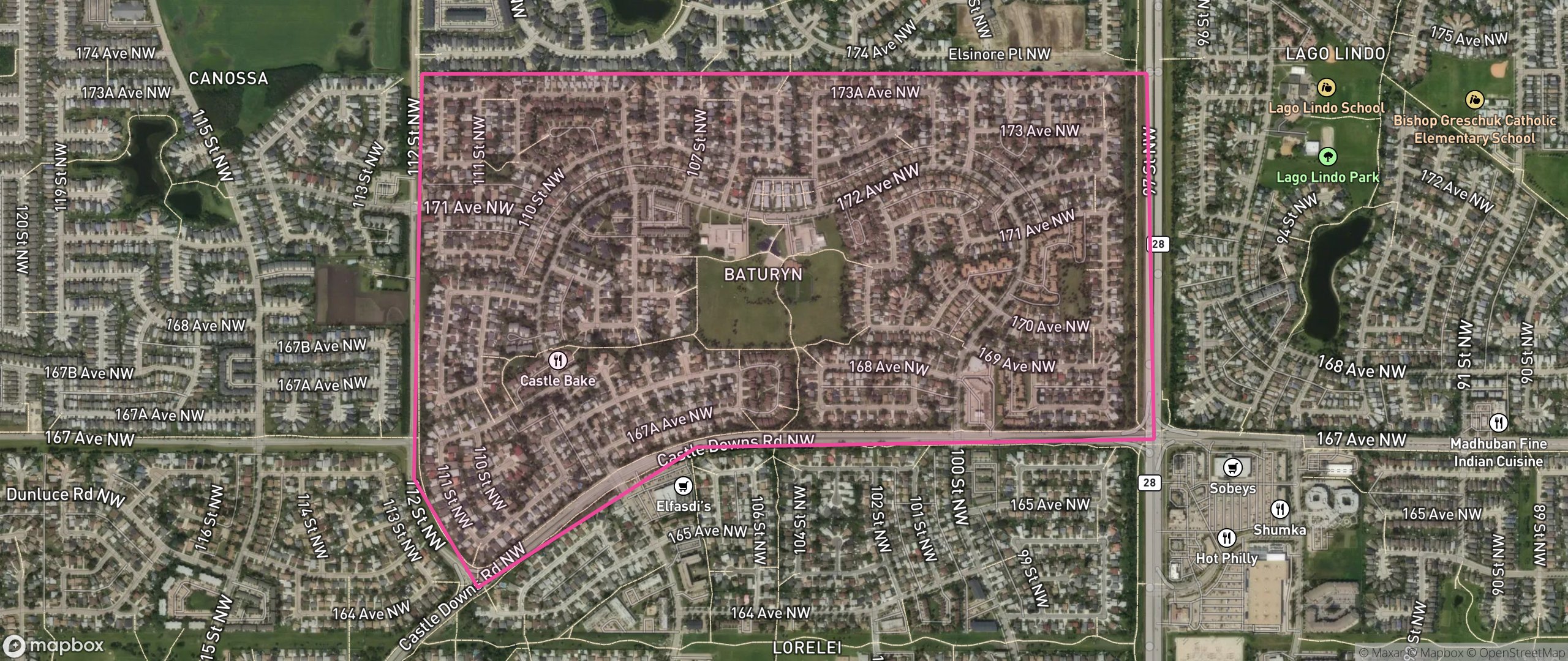 Map of Baturyn, Edmonton showing the community boundary