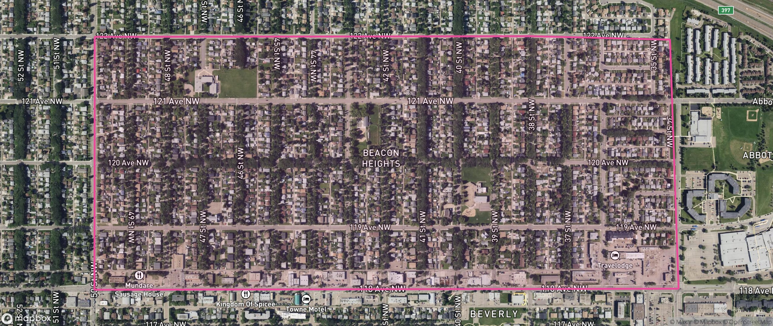 Map of Beacon Heights, Edmonton showing the community boundary