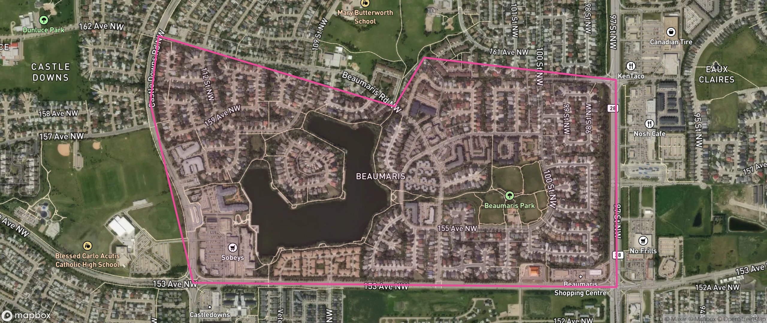 Map of Beaumaris, Edmonton showing the community boundary