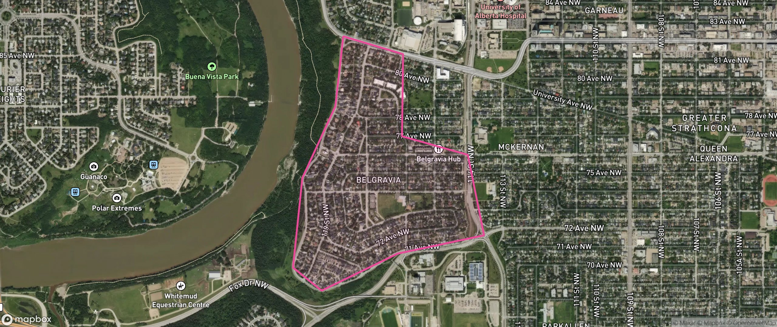 Map of Belgravia, Edmonton showing the community boundary