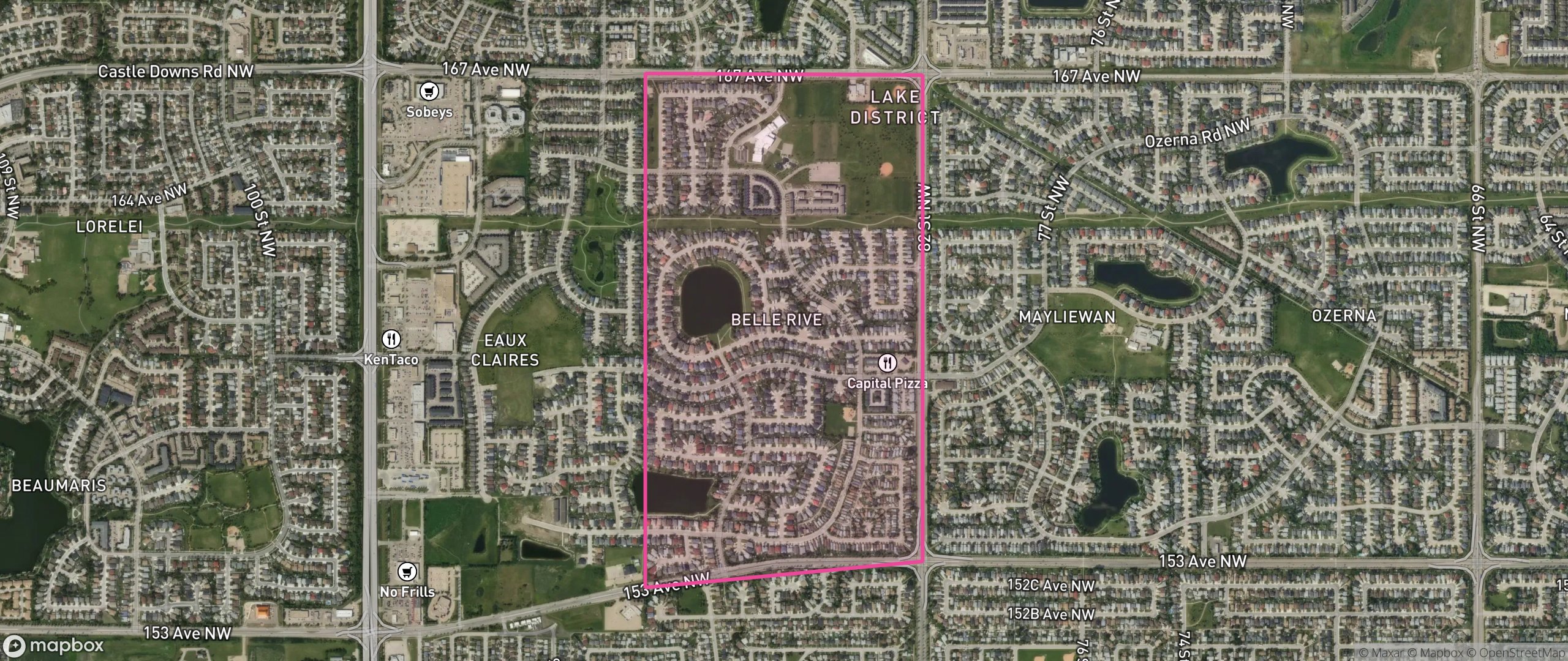 Map of Belle Rive, Edmonton showing the community boundary