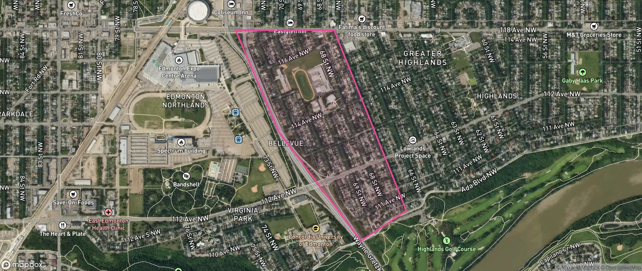 Map of Bellevue, Edmonton showing the community boundary