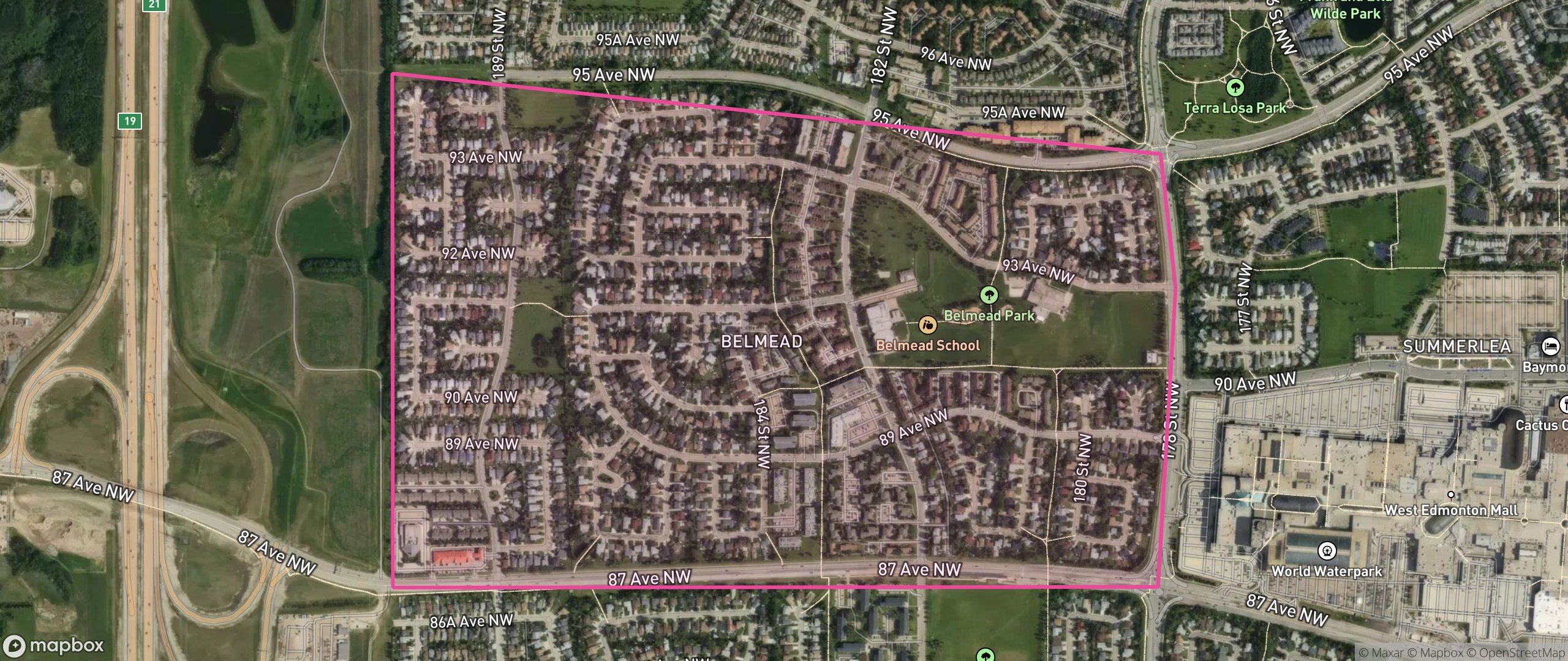 Map of Belmead, Edmonton showing the community boundary