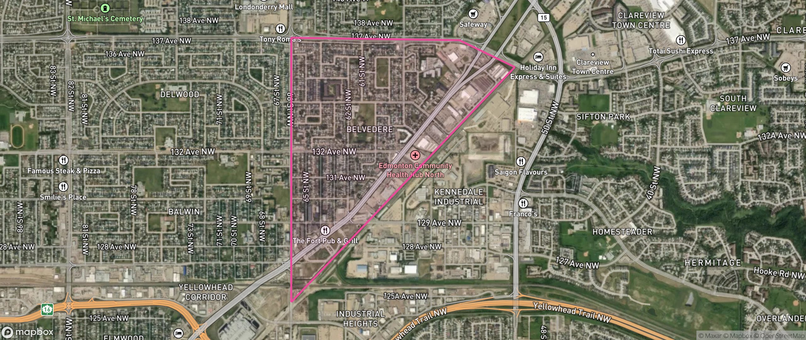 Map of Belvedere, Edmonton showing the community boundary