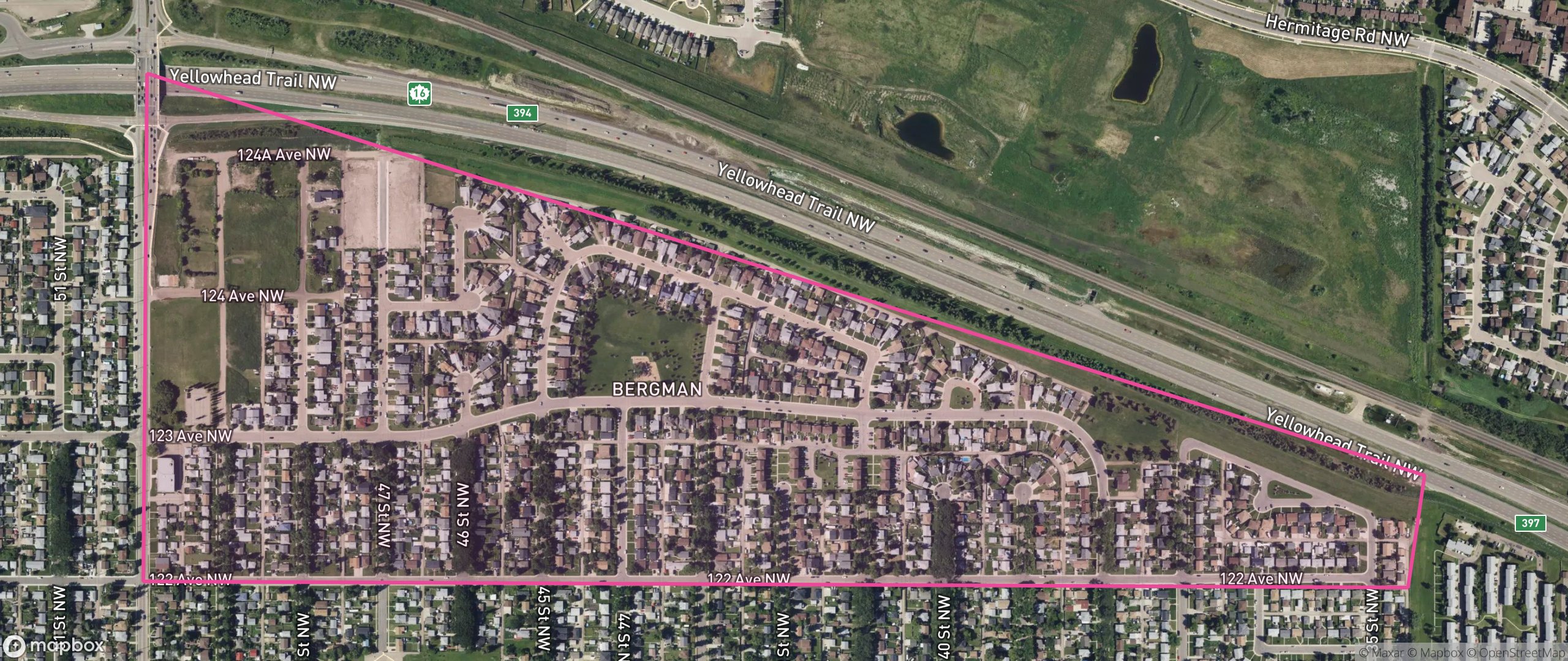 Map of Bergman, Edmonton showing the community boundary