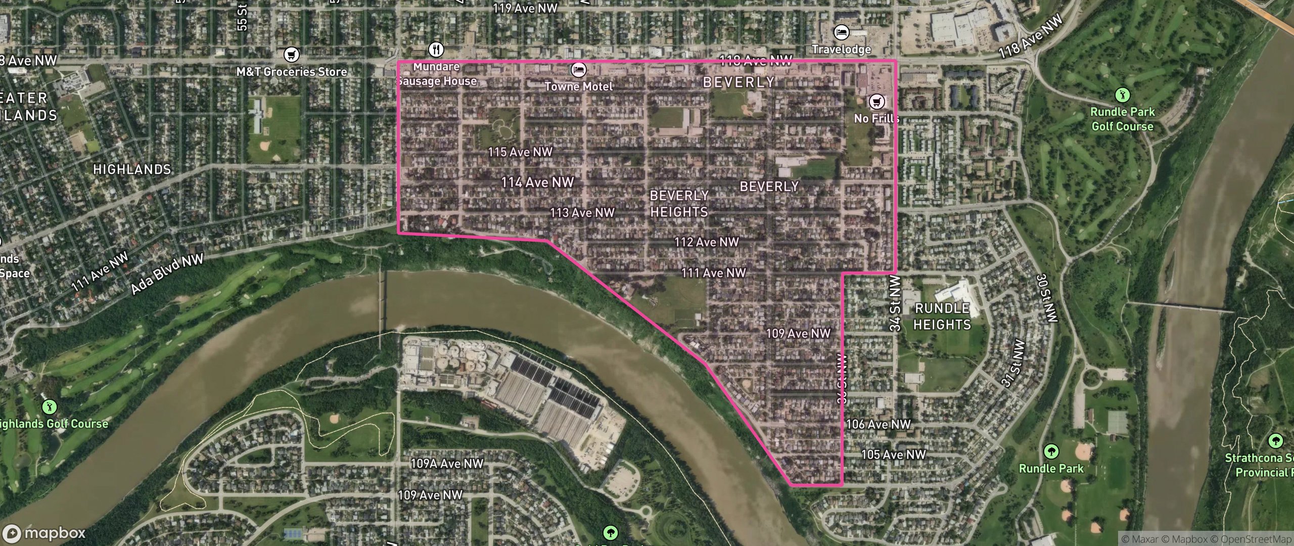 Map of Beverly Heights, Edmonton showing the community boundary