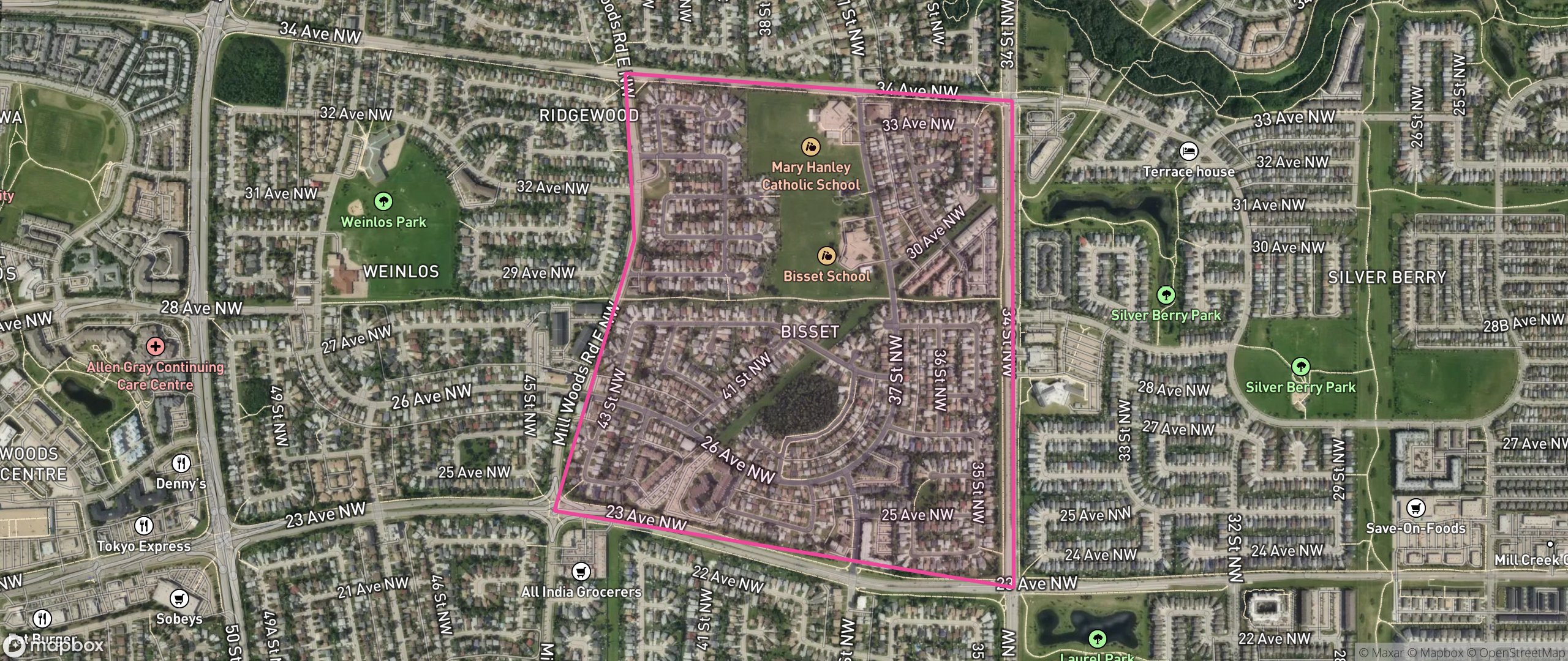 Map of Bisset, Edmonton showing the community boundary