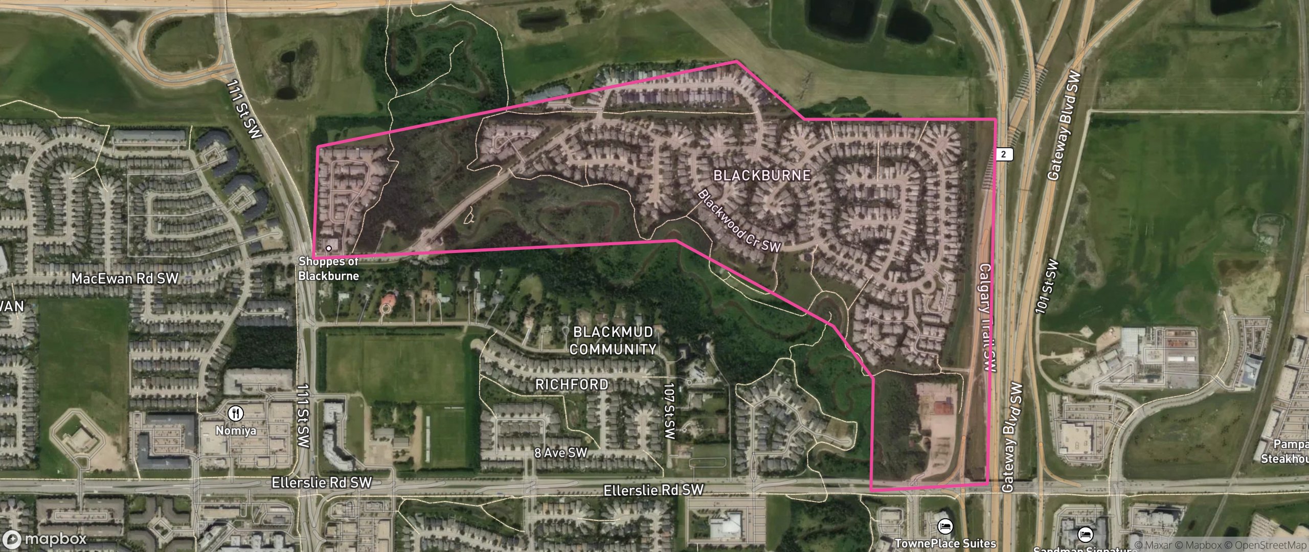 Map of Blackburne, Edmonton showing the community boundary