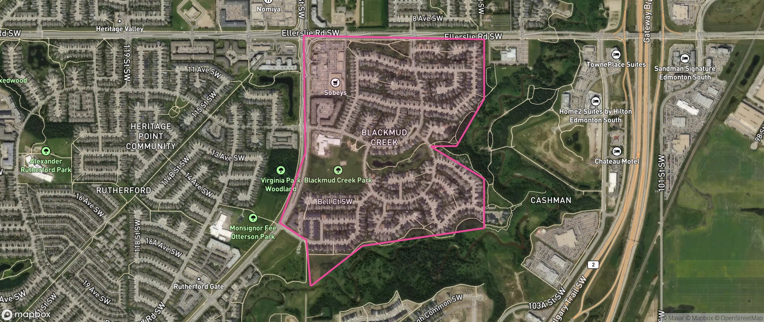 Map of Blackmud Creek, Edmonton showing the community boundary
