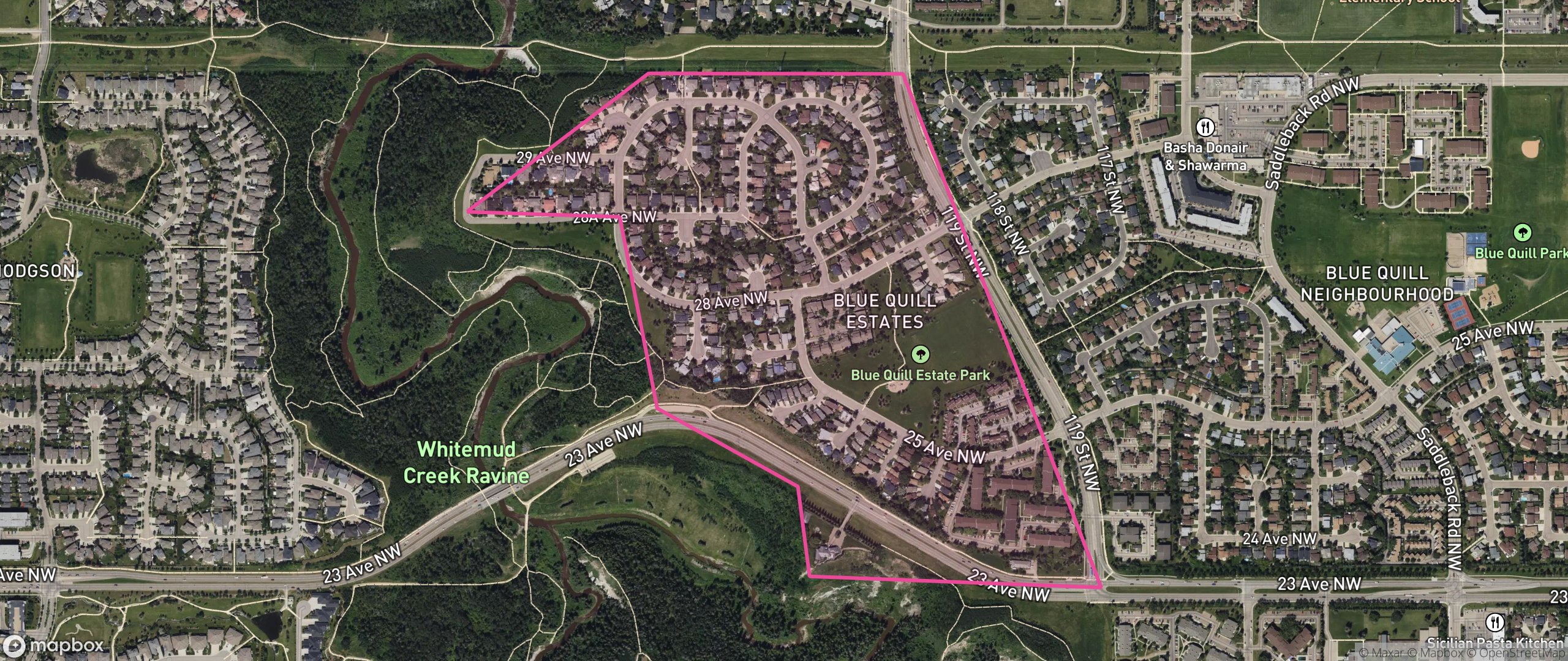 Map of Blue Quill Estates, Edmonton showing the community boundary