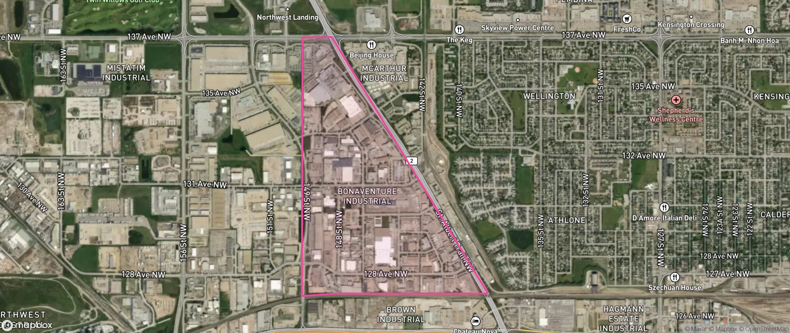 Map of Bonaventure Industrial, Edmonton showing the community boundary