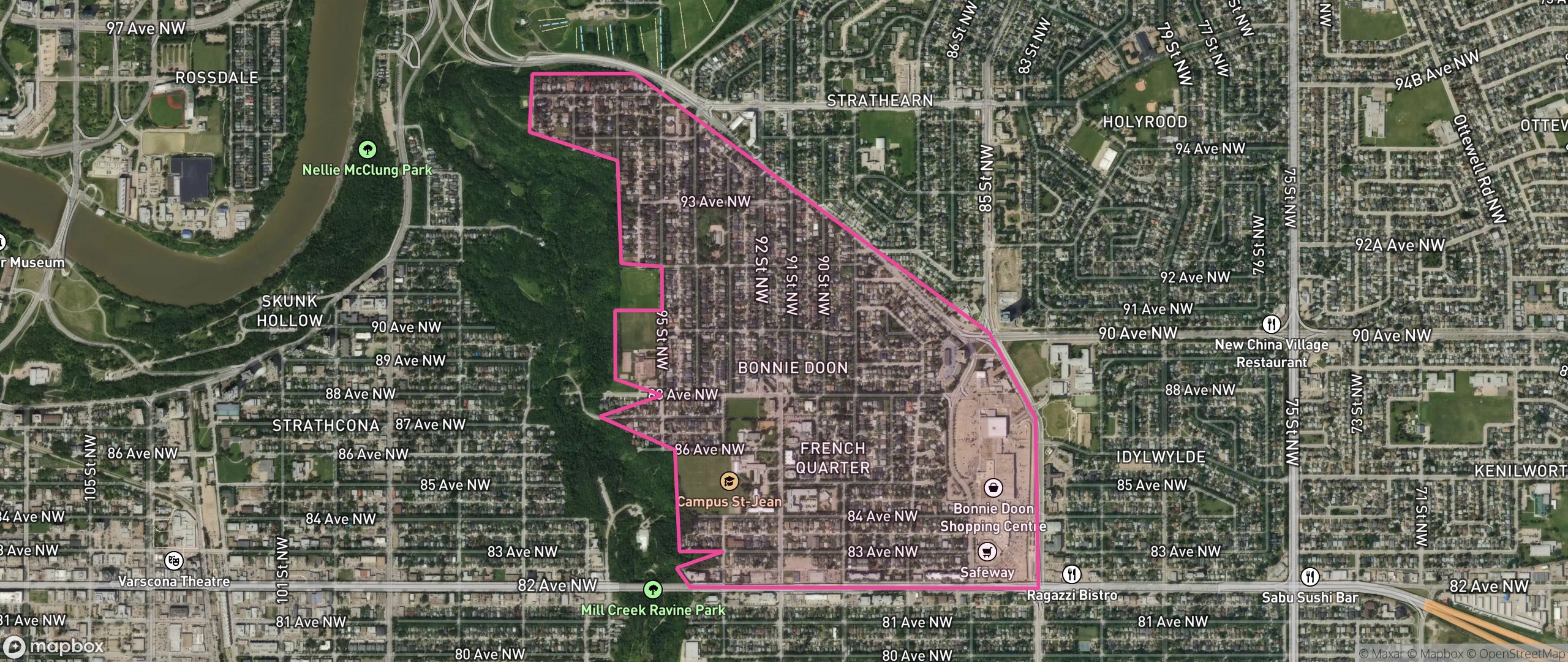 Map of Bonnie Doon, Edmonton showing the community boundary