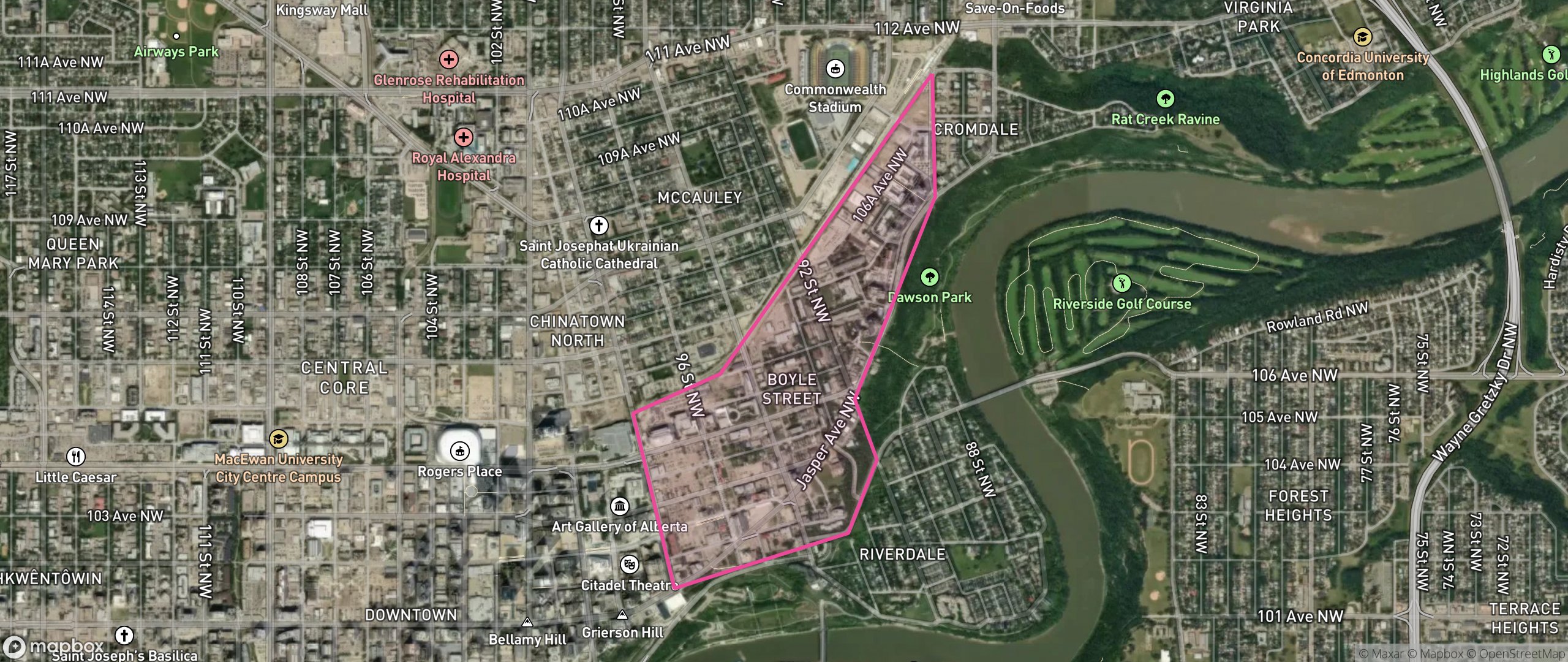 Map of Boyle Street, Edmonton showing the community boundary