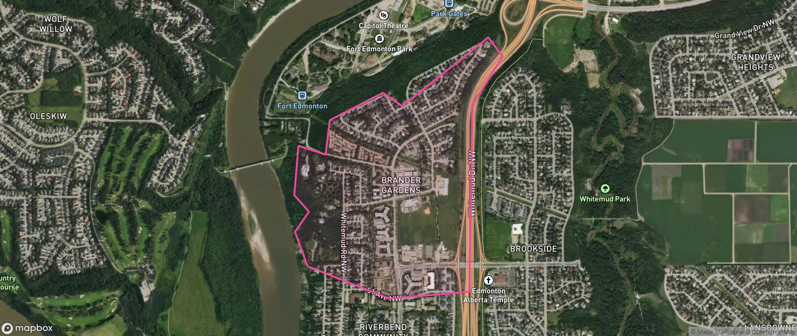 Map of Brander Gardens, Edmonton showing the community boundary