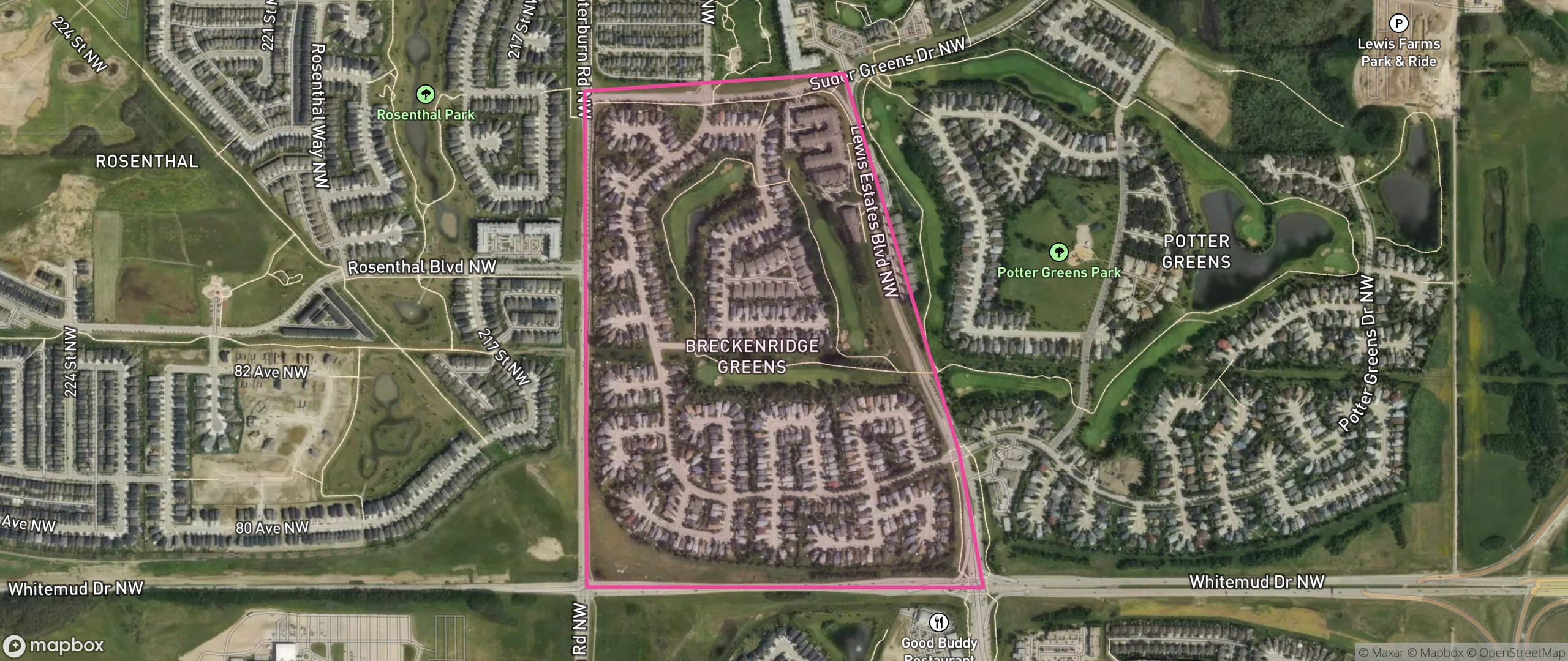 Map of Breckenridge Greens, Edmonton showing the community boundary