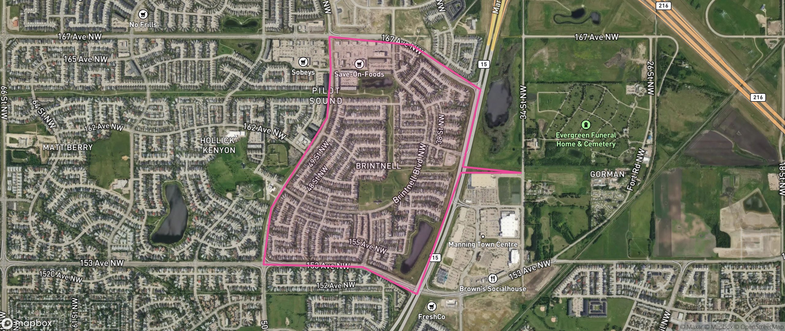 Map of Brintnell, Edmonton showing the community boundary