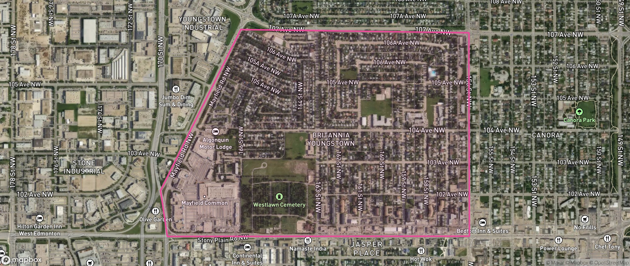 Map of Britannia Youngstown, Edmonton showing the community boundary